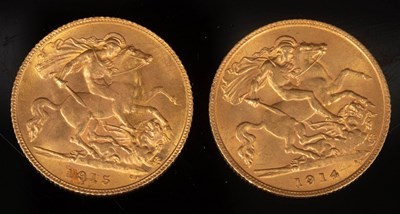 Lot 76 - Two George V gold half sovereigns, 1914 and 1915