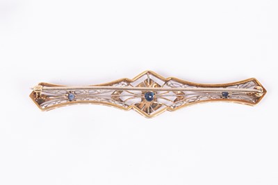 Lot 65 - An Edwardian style 14k yellow and white gold sapphire and zircon bar brooch