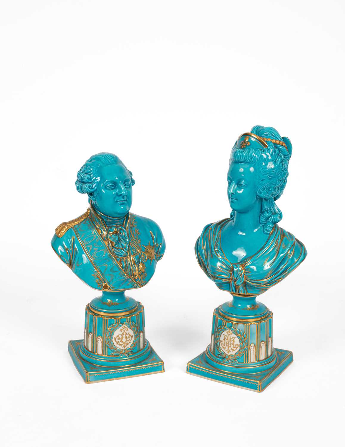 Lot 539 - A pair of Sèvres style turquoise ground portrait busts of Louis XVI and Marie Antoinette