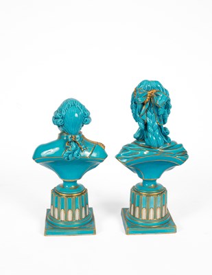 Lot 539 - A pair of Sèvres style turquoise ground portrait busts of Louis XVI and Marie Antoinette
