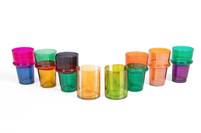 Lot 480 - A set of six multi coloured glass beaker vases